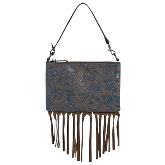 NWT! Justin Women's Blue Western Fringe Convertible Mini Shoulder Wristlet Bag - Picture 1 of 6